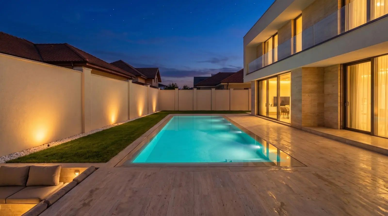 Aceeași piscină noaptea, cu luminile din apă și din grădină aprinse