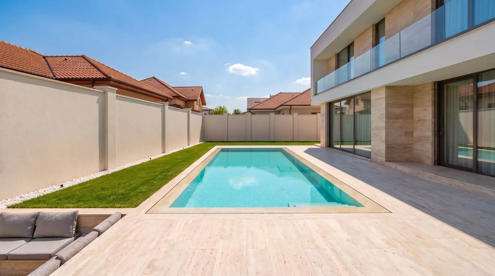Piscină îngropată cu revărsare perimetrală în curtea unei case moderne